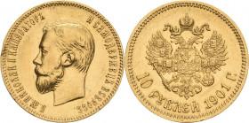 Russland
Nikolaus II. 1894-1917 10 Rubel 1901, FS-St. Petersburg Bitkin 7 Schlumberger 206 Friedberg 179 GOLD. 8.58 g. Randfehler, sehr schön-vorzügl...