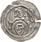 Anhalt, Brakteatenzeit
Albrecht der Bär 1123-1170 Brakteat. Brustbild von vorne mit Schwert und Fahne über Bogen, darunter Wappenschild mit Pferdepro...