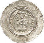 Fulda, Abtei
Heinrich III. 1192-1216 Brakteat. Hüftbild des Abtes halb links hält Krummstab und Buch, rechts und links je eine Zierleiste (Leiterreif...