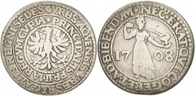 Aachen
 Ratszeichen zu 8 Mark 1708. Adler nach links im doppelten Umschriftkreis / Frau füllt ein Römerglas aus einer Weinkanne, zwischen Jahreszahl ...