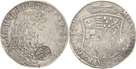 Anhalt-Zerbst
Carl Wilhelm 1667-1718 2/3 Taler 1677, CP-Zerbst mit Av-Gegenstempel des Fränkischen Kreises (60.N über verschlungenem Monogramm FC) Ma...