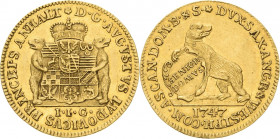 Anhalt-Köthen
August Ludwig 1728-1755 Dukat 1747, IIG-Stolberg Senioratsdukat Mann 489 Friedberg 26 GOLD. 3.54 g. Attraktives Exemplar. Leicht gewell...