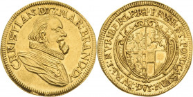Brandenburg-Bayreuth
Christian 1603-1655 Dukat 1642, Nürnberg Slg. Wilmersdörffer 558 Friedberg 370 Slg. Grüber 3452 GOLD. 3.43 g. Prachtexemplar. Le...
