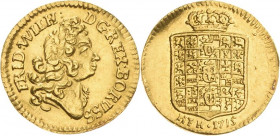 Brandenburg-Preußen
Friedrich Wilhelm I., der Soldatenkönig 1713-1740 1/4 Dukat 1715, HFH-Magdeburg v. Schrötter 170 Friedberg 2336 GOLD. 0.97 g. Min...