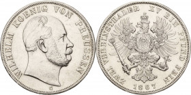 Brandenburg-Preußen
Wilhelm I. 1861-1888 Doppeltaler 1867, C-Frankfurt Olding 402 AKS 96 Jaeger 97 Kahnt 392 Davenport 783 Stempelglanz