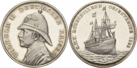 Brandenburg-Preußen
Wilhelm II. 1888-1918 Silbermedaille 1898 (Lauer) Orientreise Wilhelms II. mit der "Hohenzollern". Brustbild nach links / Schiff....