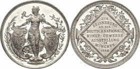 München
 Zinnmedaille 1888 (M. Gube/Drentwett) Erinnerungsmedaille an die Deutsch-Nationale Kunst- und Gewerbe-Ausstellung. Frauengestalt mit zwei Wa...
