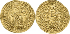 Sachsen-Kurlinie ab 1486 bis 1547 (Ernestiner)
Friedrich III., Albrecht und Johann 1486-1500 Goldgulden 1499, Leipzig Stehender St. Johannes über Kur...