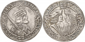 Sachsen-Kurlinie ab 1486 bis 1547 (Ernestiner)
Friedrich III., Georg und Johann 1500-1507 Guldengroschen o.J. o. Mzz.-Annaberg. Klappmützentaler. Bei...