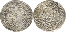 Sachsen-Kurlinie ab 1486 bis 1547 (Ernestiner)
Friedrich III., Johann und Georg 1507-1525 Zinsgroschen o.J. Kreuz-Annaberg Umschrift endet: SAXONI/SA...