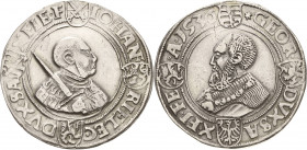 Sachsen-Kurlinie ab 1486 bis 1547 (Ernestiner)
Johann Friedrich und Georg 1534-1539 Guldengroschen 1536, Stern-Annaberg Statt dem üblichen Münzzeiche...