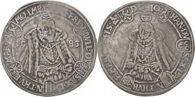 Sachsen-Weimar (Alt-Weimar) 1572-1603
Friedrich Wilhelm und Johann 1573-1603 Taler 1583, liegendes B mit Eichel-Saalfeld Koppe 31 b Schnee 234 Davenp...