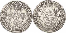Sachsen-Weimar (Alt-Weimar) 1572-1603
Friedrich Wilhelm und Johann 1573-1602 1/4 Taler 1598, o. Mzz.-Saalfeld Sog. Pesttaler. Fünf ins Kreuz gestellt...