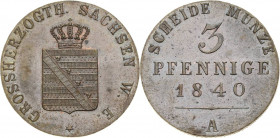 Sachsen-Weimar-Eisenach
Carl Friedrich 1828-1853 3 Pfennig 1840, A-Berlin Prachtexemplar vom Erstabschlag. Prägefrisch