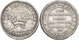 Württemberg
Eberhard Ludwig 1693-1733 Silbermedaille 1697. Friede von Rijswick. Tetragramm über Krone mit zwei hindurch gesteckten Ölzweigen über mit...