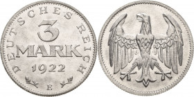 Ersatz und Inflationsmünzen 1919-1923
 3 Mark 1922 E Jaeger 302 Sehr selten. Kl. Stempelfehler, kl. Kratzer, vorzüglich-prägefrisch