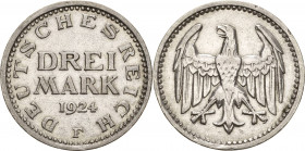 Kleinmünzen
 3 Mark 1924 F Mit Randschrift: UNRECHT statt UND RECHT Jaeger 312 Anm. Kl. Randfehler, sehr schön-vorzüglich