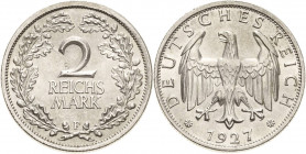 Kleinmünzen
 2 Reichsmark 1927 F Jaeger 320 Selten. Min. Randfehler, prägefrisch
