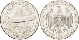 Gedenkausgaben
 5 Reichsmark 1930 J Zeppelin Jaeger 343 Kl. Randfehler, vorzüglich-Stempelglanz