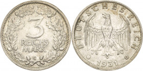 Gedenkausgaben
 3 Reichsmark 1931 G Kursmünze Jaeger 349 Kl. Kratzer, vorzüglich