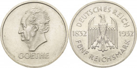 Gedenkausgaben
 5 Reichsmark 1932 D Goethe Jaeger 351 Kl. Kratzer, vorzüglich-prägefrisch