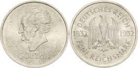 Gedenkausgaben
 5 Reichsmark 1932 A Goethe Jaeger 351 Kl. Kratzer, vorzüglich-Stempelglanz