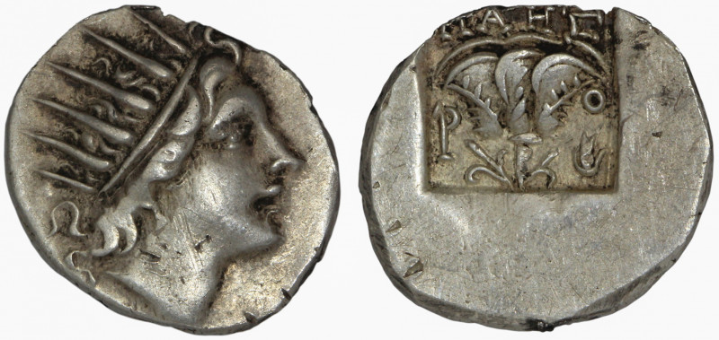 Caria, Rhodos, Drachm. Circa 88-84 BC. Plinthophoric, Maes, magistrate.

Obv:R...
