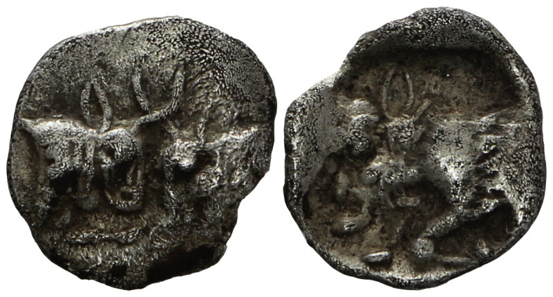 Caria, Uncertain ('Mint D'), Diobol. Circa 450-400 BC.

Obv: Confronted forepa...