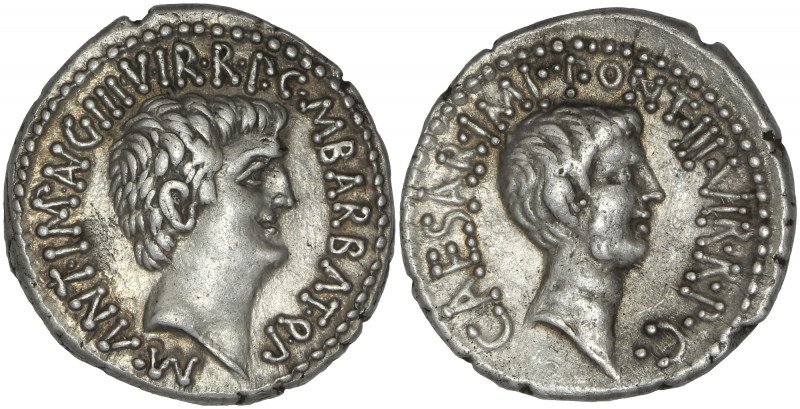 The Triumvirs. Mark Antony and Octavian. Spring-early summer 41 BC. AR Denarius....