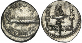 Mark Antony. Denarius, Legionary type, 9th Legion, Military mint moving with Mark Antony and Cleopatra, 32-31 BC.