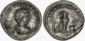 Geta, as Caesar (AD 209-211). AR denarius . VF, porous.Laodicea ad Mare, 202.