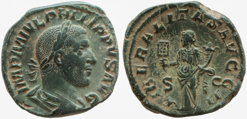Philip I, 244-249. AE. Sestertius , Rome. IMP M IVL.

Obv: PHILIPPVS AVG Radiate...