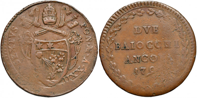Ancona. Pio VI (1775-1799). Da 2 baiocchi 1796 anno XXII CU gr. 17,32. Muntoni –...