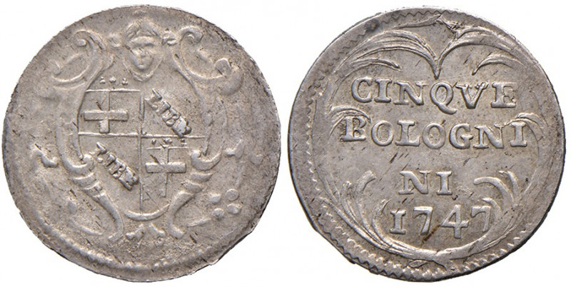 Bologna. Benedetto XIV (1740-1758). Da 5 bolognini 1747 AG gr. 1,32. Muntoni 231...