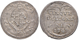 Bologna. Benedetto XIV (1740-1758). Da 5 bolognini 1747 AG gr. 1,32. Muntoni 231 g). Berman 2807. Chimienti 897. Conservazione eccezionale, FDC