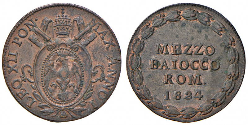 Bologna. Leone XII (1823-1829). Mezzo baiocco romano 1824 anno I CU. Pagani 119....