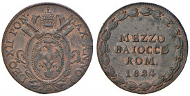 Bologna. Leone XII (1823-1829). Mezzo baiocco romano 1824 anno I CU. Pagani 119. Chimienti 1265. Iridescenze rosse, q.FDC