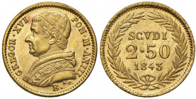 Bologna. Gregorio XVI (1831-1846). Da 2,50 scudi 1843 anno XIII (cifra X su I) AV. Pagani 148. Chimienti 1290. Molto rara. q.FDC