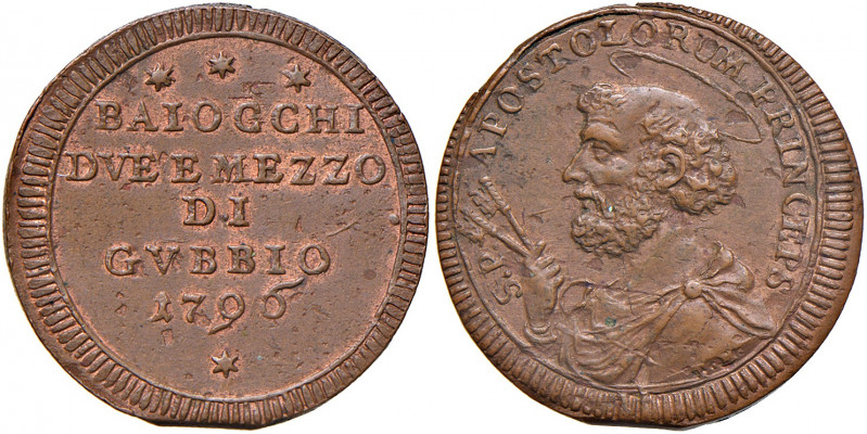 Gubbio. Pio VI (1775-1799). Sampietrino da 2 baiocchi e mezzo 1796 CU gr. 14,26....