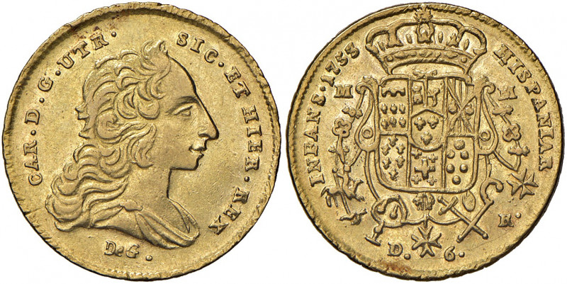 Napoli. Carlo di Borbone (1734-1759). Da 6 ducati 1755 (seconda cifra 5 su 3) AV...