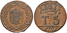 Napoli. Ferdinando IV di Borbone (1759-1816). Da 5 tornesi 1798 CU gr. 13,06. P.R. 100. MIR 392/2. Conservazione insolita, q.SPL