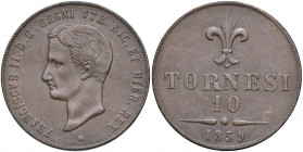 Napoli. Francesco II di Borbone (1859-1860). Da 10 tornesi 1859 (coniata a Roma) CU. Pagani 484. P.R. –. MIR 540/1. Rara. Buon BB