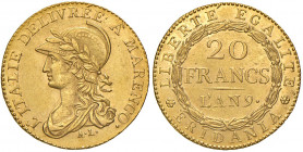 Torino. Repubblica Subalpina (1800-1802). Da 20 franchi anno IX (1800) AV. Pagani 3a. Rara. SPL