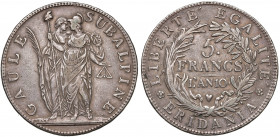 Torino. Repubblica Subalpina (1800-1802). Da 5 franchi anno X (1801) AG. Pagani 6. Rara. Buon BB