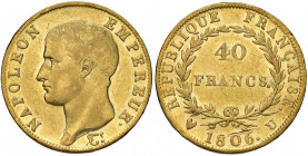 Torino. Napoleone I imperatore (1804-1814). Da 40 franchi 1806 AV. Pagani 12. Rara. BB