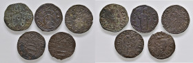 Fano. Lotto di cinque monete. Pio IV (1559-1565). Quattrino MI (2). Pio V (1566-1572). Quattrino MI (2). Gregorio XIII (1572-1585). Quattrino MI (1). ...