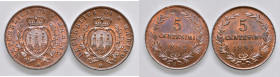 San Marino. Lotto di due monete. I periodo: 1864-1938. Da 5 centesimi 1894 (Roma) CU. FDC