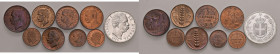 Savoia. Lotto di dieci monete. Vittorio Emanuele II re d’Italia (1861-1878). Da 20 centesimi 1863 Milano AG. Centesimo 1867 Milano CU. Umberto I re d’...