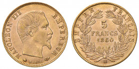 Francia. Napoleone III (1852-1870). Da 5 franchi 1860 (Strasburgo) AV gr. 1,61. Friedberg 579. q.FDC