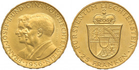 Liechtenstein. Francesco Giuseppe II (1938-1989). Da 25 franchi 1956 AV gr. 5,65. Friedberg 21. q.FDC